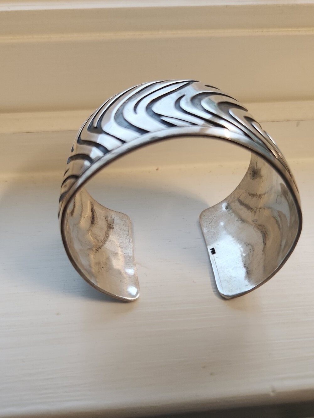 Sterling Silver Wide Bracelet w Animal Stripe, Chunky Vintage, 925 Mexican Cuff - Picture 2 of 5